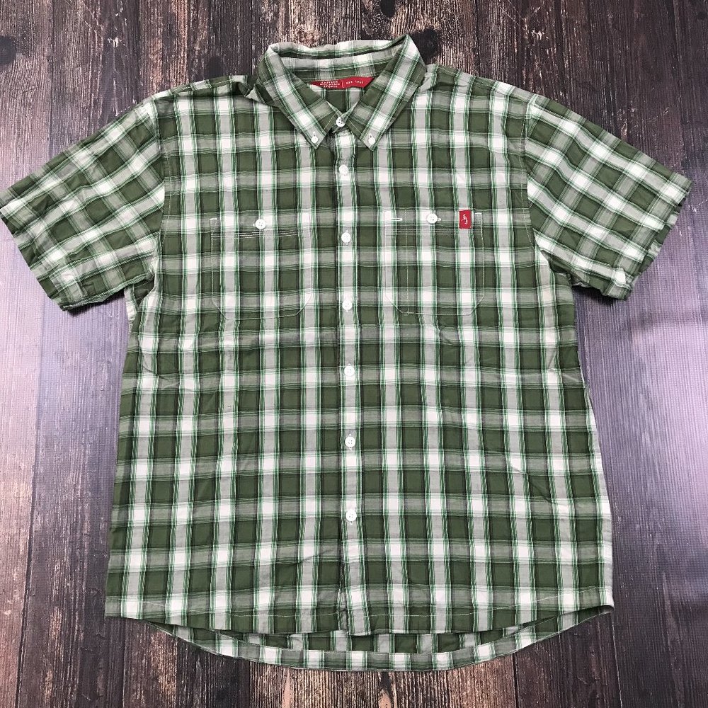 EASTERN MOUNTAIN SPORTS Plaid Camp Shirt Large S/S Button Front Cotton Green
